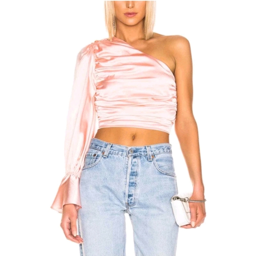 Retrofete Rylie Silk Ruched One Shoulder Long Sleeve Blush Blouse Sz S EUC
